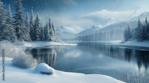 A picturesque winter landscape with snow-covered trees surrounding a calm lake, set against a backdrop of snowy mountains, creating a tranquil and magical atmosphere during snowfall