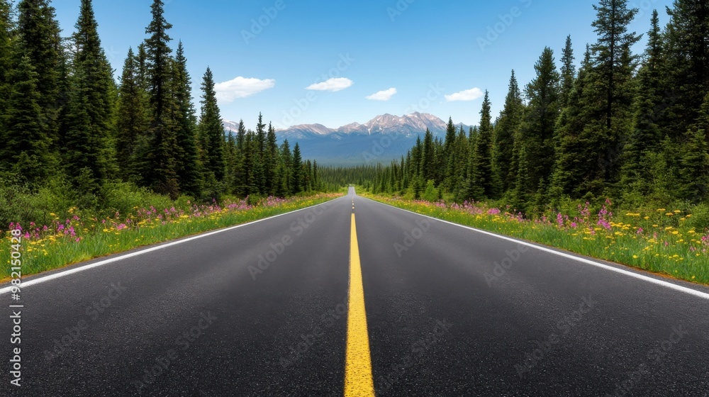 A long road bordered by wildflowers stretches through a dense forest, leading towards distant mountain peaks under a clear blue sky. A long road bordered by wildflowers stretches through a dense forest, leading towards distant mountain peaks under a clear blue sky.