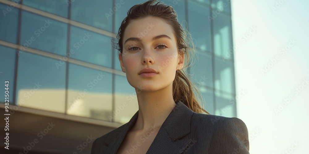 Confident Young Professional Woman in Tailored Suit Posing in Modern Office Setting Confident Young Professional Woman in Tailored Suit Posing in Modern Office Setting