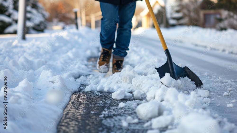 Naklejka premium Person Shoveling Snow on a Snowy Sidewalk in Winter