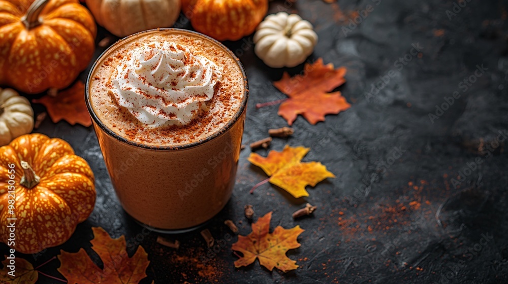 A cozy autumn scene featuring a creamy pumpkin spice latte, surrounded by colorful leaves and decorative pumpkins, perfect for Thanksgiving and Halloween celebrations with copy space. A cozy autumn scene featuring a creamy pumpkin spice latte, surrounded by colorful leaves and decorative pumpkins, perfect for Thanksgiving and Halloween celebrations with copy space.