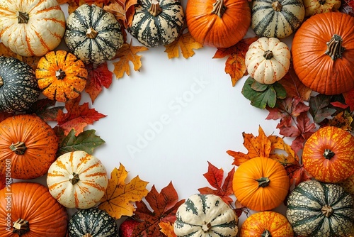 A vibrant autumn-themed arrangement of pumpkins and fall leaves, perfect for Thanksgiving and Halloween celebrations. Ideal for autumn decor or seasonal promotions with copy space.