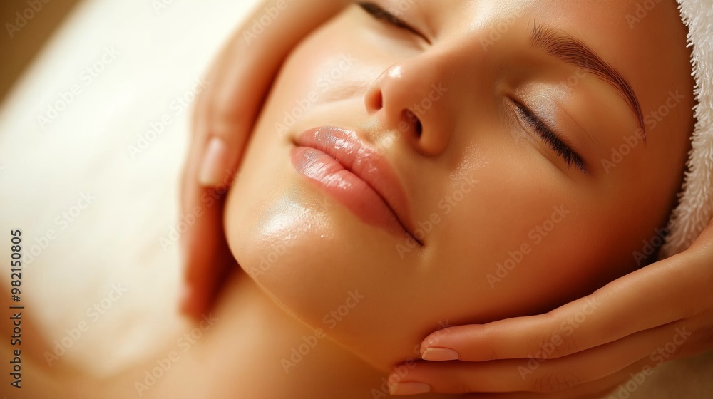 Naklejka premium Close-up of a woman's face during a relaxing spa facial massage, her skin glowing and hands gently cradling her head for a soothing experience