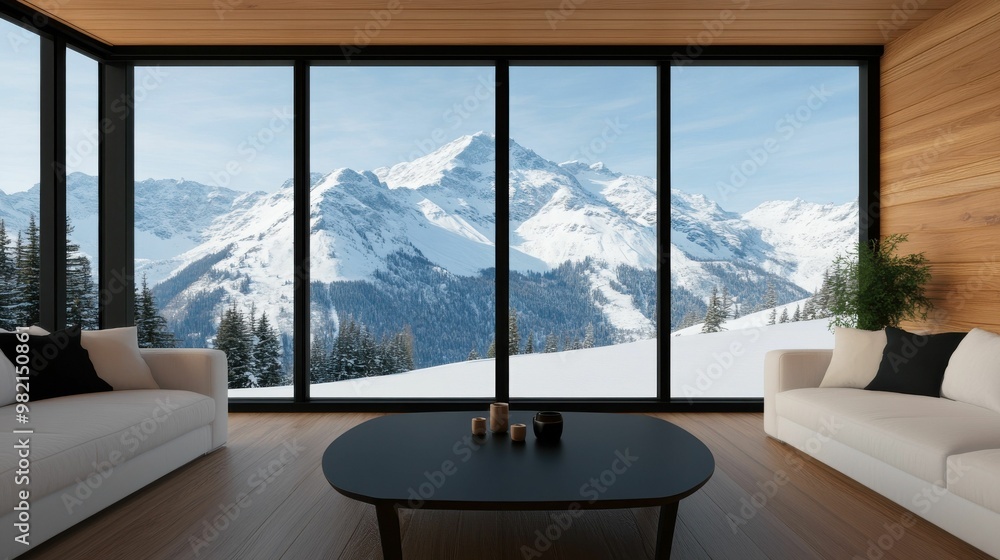 Fototapeta premium A stylish living room with floor-to-ceiling windows, revealing a stunning view of snow-capped mountains and a serene winter landscape.