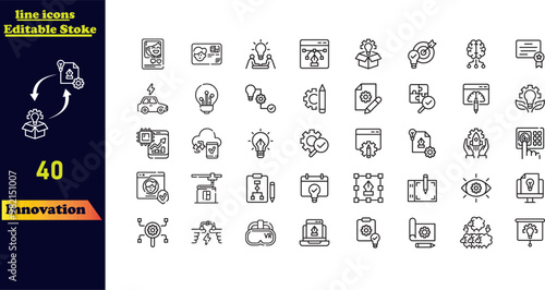 Innovation branding icon set, featuring creativity, invention, prototyping, design thinking, brainstorming, visionary concepts, idea generation, agility, revolution, and more.