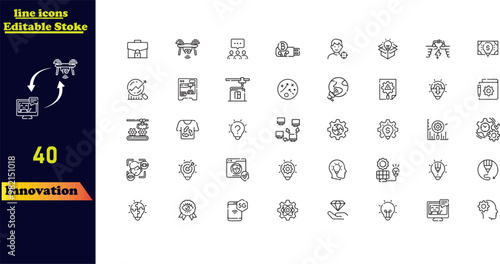 Innovation branding icon set, featuring creativity, invention, prototyping, design thinking, brainstorming, visionary concepts, idea generation, agility, revolution, and more.