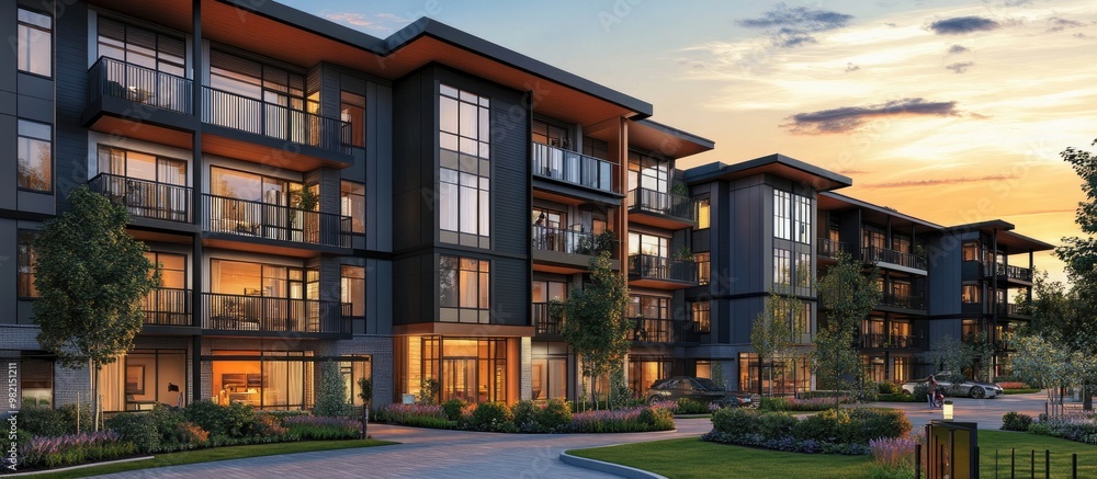 Modern apartment complex featuring balconies and large windows along with outdoor amenities A blend of contemporary architectural design and inviting communal spaces Modern apartment complex featuring balconies and large windows along with outdoor amenities A blend of contemporary architectural design and inviting communal spaces