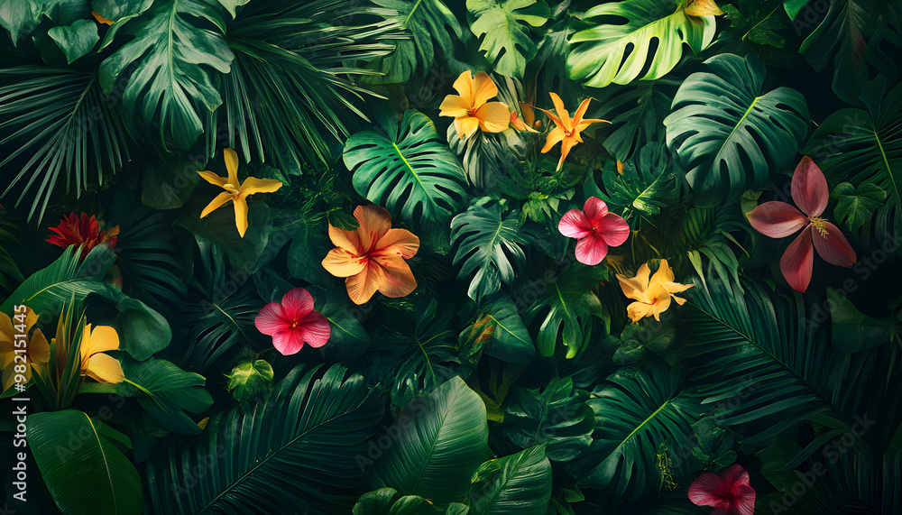 A lush jungle scene with vibrant green leaves and exotic flowers, bringing the warmth of the tropics to your screen A lush jungle scene with vibrant green leaves and exotic flowers, bringing the warmth of the tropics to your screen