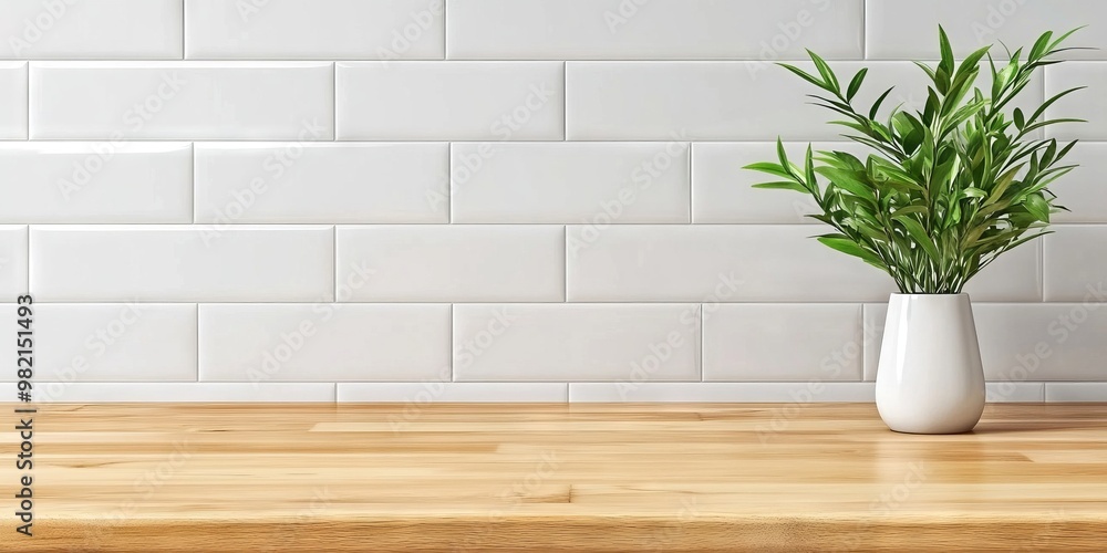 A modern kitchen countertop featuring a vase with fresh green plant against a clean white tiled wall with copy space for product and text A modern kitchen countertop featuring a vase with fresh green plant against a clean white tiled wall with copy space for product and text