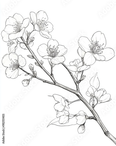 Chic monochrome line drawing of a cherry tree branch in a stylish line art illustration