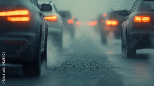 Car emitting exhaust in traffic jam under smog, urban transportation pollution, Environmental impact