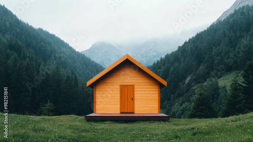 Minimalist wooden cabin set against a backdrop of misty mountains and dense forest in a remote, peaceful valley.