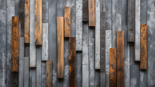 Abstract Pattern of Wooden Planks on a Grey Concrete Wall