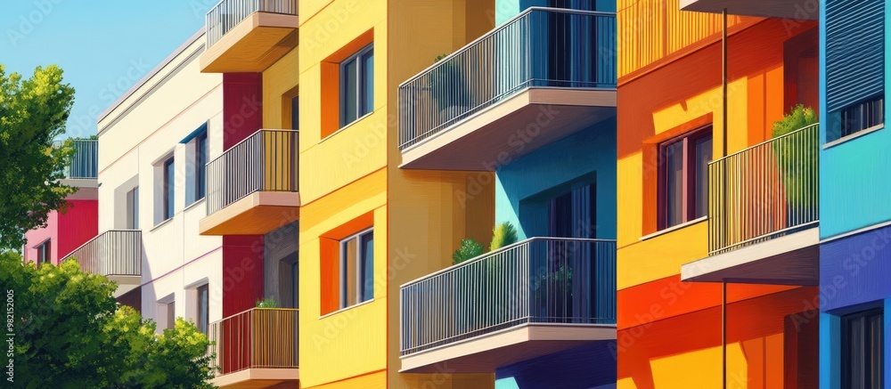 Modern apartment buildings featuring windows and balconies showcasing a stylish complex with outdoor amenities Mixed media Modern apartment buildings featuring windows and balconies showcasing a stylish complex with outdoor amenities Mixed media