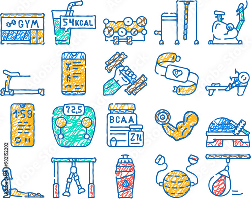 fitness gym sportive equipment doodle icons set vector. sketch line art athlete fitness exercise on rowing machine and bike, nutrition for muscle and water drink bottle scale phone color illustrations