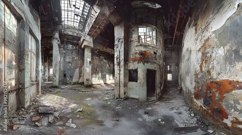 Interior of an Abandoned Industrial Building with a Broken Skylight