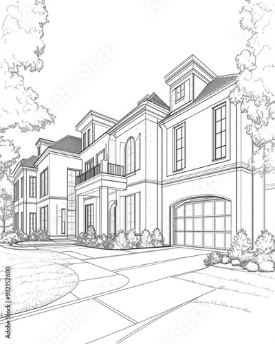 Line art illustration of contemporary luxury homes and custom built residences during winter An expression of my passion for photography in a seasonal setting