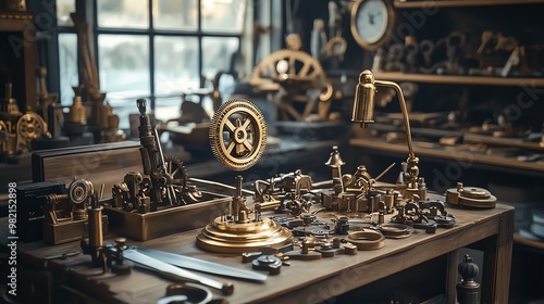 A steampunk workshop with tools and gears on a wooden table.