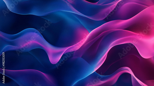 Fluid liquid gradient waves in deep blue and magenta, flowing seamlessly across a geometric abstract design with sharp angles and curves.