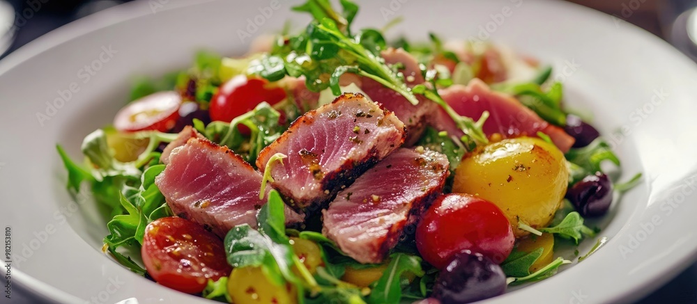 Close up of a Nicoise salad featuring lightly seared tuna served on a white plate Close up of a Nicoise salad featuring lightly seared tuna served on a white plate