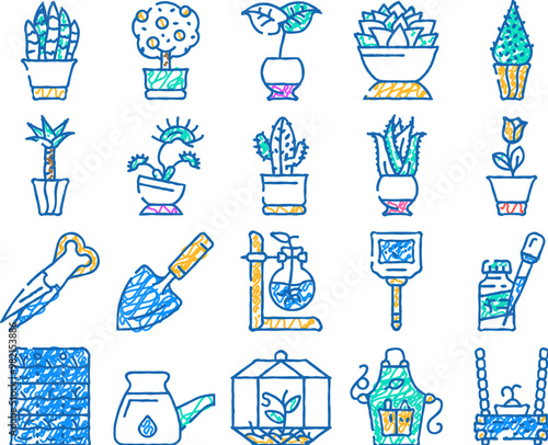 potted plant and care accessories doodle icons set vector. sketch line art sansevieria trifasciata and citrus tree, monstera deliciosa buxus sempervirens potted plant. florarium color illustrations