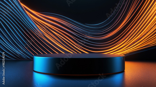 A modern 3D podium with a glossy black base, placed in front of an abstract digital background with dynamic lines and swirls of blue and orange on a dark backdrop.