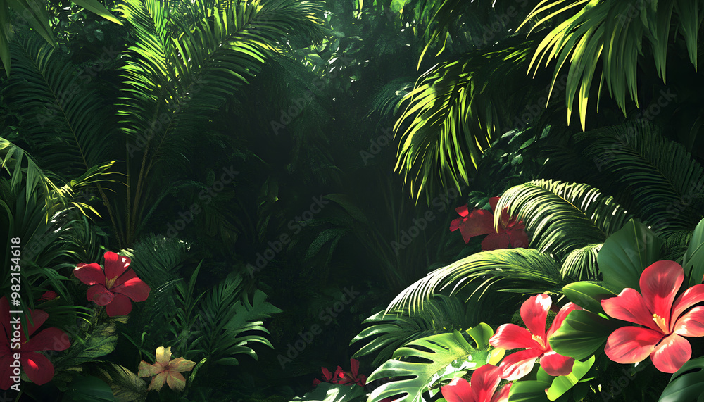 A lush jungle scene with vibrant green leaves and exotic flowers, bringing the warmth of the tropics to your screen A lush jungle scene with vibrant green leaves and exotic flowers, bringing the warmth of the tropics to your screen