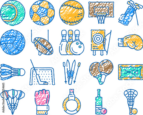 sport game sportsman activity doodle icons set vector. sketch line art rugby american football and soccer, golf and cricket, baseball tennis, basketball and volleyball sport. color illustrations