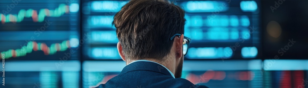 A businessman analyzing stock market data on digital screens in a modern office environment. A businessman analyzing stock market data on digital screens in a modern office environment.