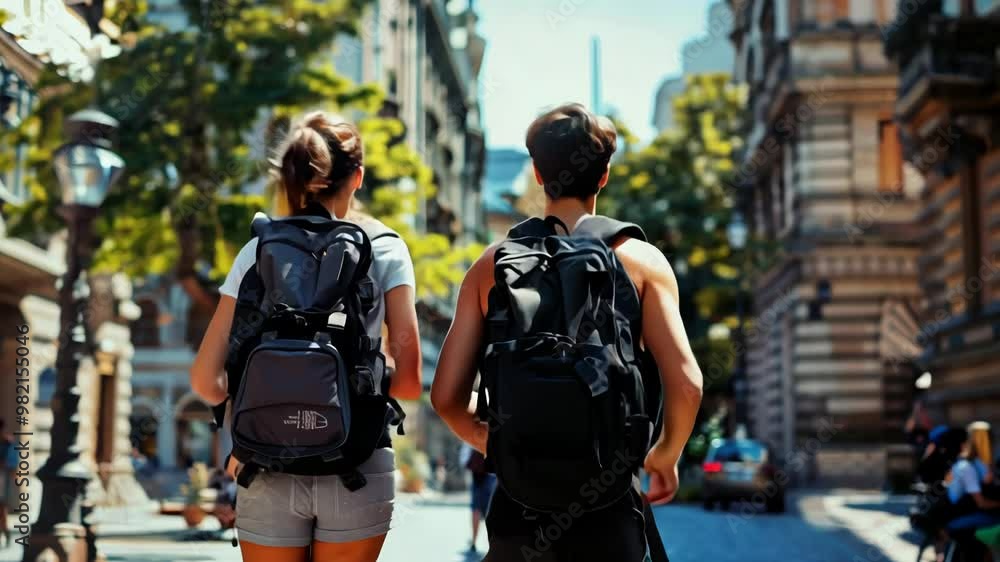 A couple rucking in the city, running with backpacks on their back A couple rucking in the city, running with backpacks on their back