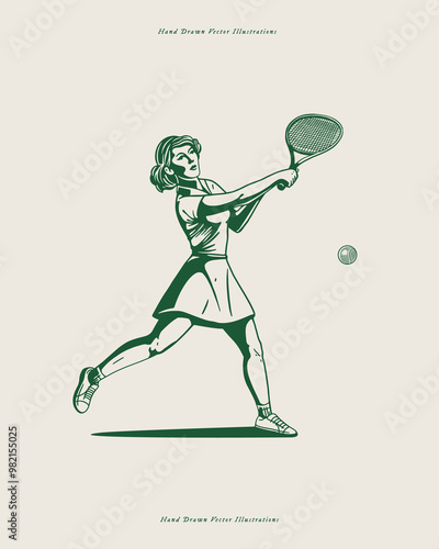 Vintage hand drawn vector illustration of a female tennis player in mid swing. Perfect for sports, vintage or fitness-themed projects.
