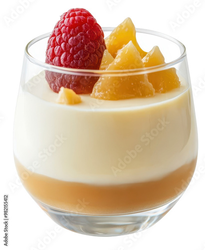 Panna cotta with layered caramel and fruit topping, transparent background.