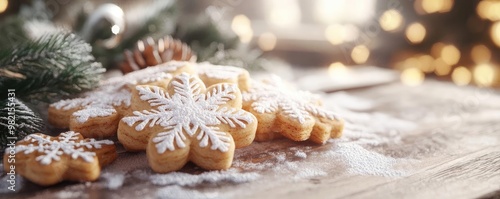 Delicious snowflake-shaped cookies dusted with powdered sugar, surrounded by festive decorations and warm holiday lights.