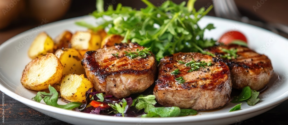 Pork medallions served with crispy potatoes a fresh mixed salad and seasoned herbs Pork medallions served with crispy potatoes a fresh mixed salad and seasoned herbs