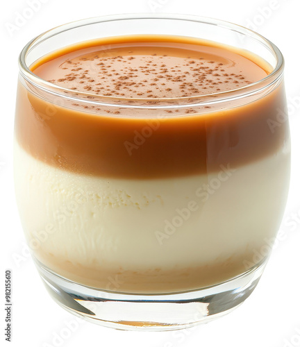 Layered panna cotta with caramel sauce and sprinkle in a glass, transparent background.