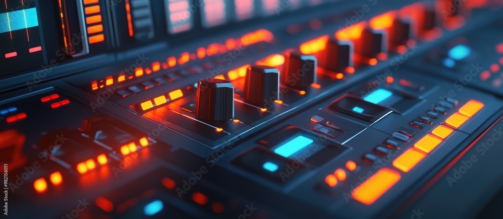 Close up of a media control panel featuring master drives and volume sliders in a broadcasting network Close up of a media control panel featuring master drives and volume sliders in a broadcasting network
