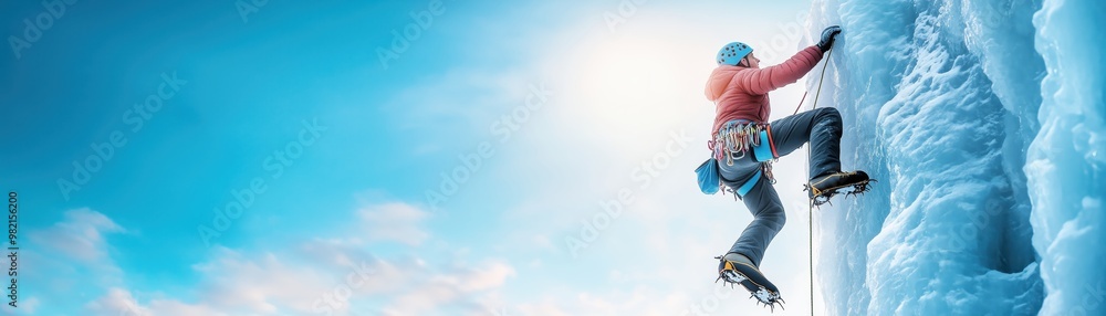 A climber ascends a massive ice wall under a bright blue sky, showcasing adventure and determination in winter sports. A climber ascends a massive ice wall under a bright blue sky, showcasing adventure and determination in winter sports.