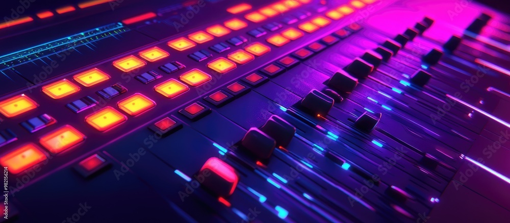 Close up view of a professional mixing console featuring illuminated faders and buttons Close up view of a professional mixing console featuring illuminated faders and buttons