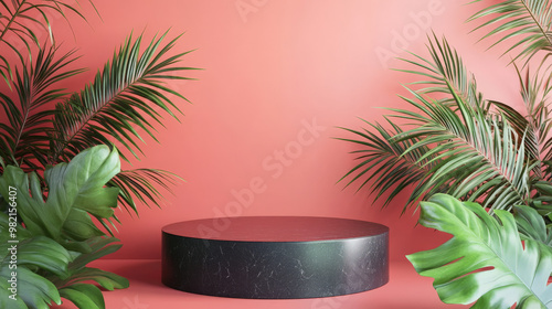 A minimalist 3D podium with a glossy black surface, framed by tropical palm leaves, set against a bold pink wall for a striking contrast. photo