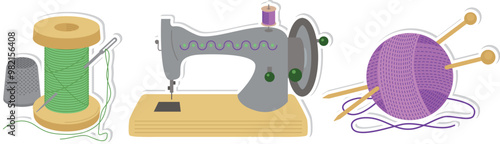Cute hand drawn sewing and needlework stickers. Colorful ball of threads and knitting needles, sewing machine, spool of thread and a needle