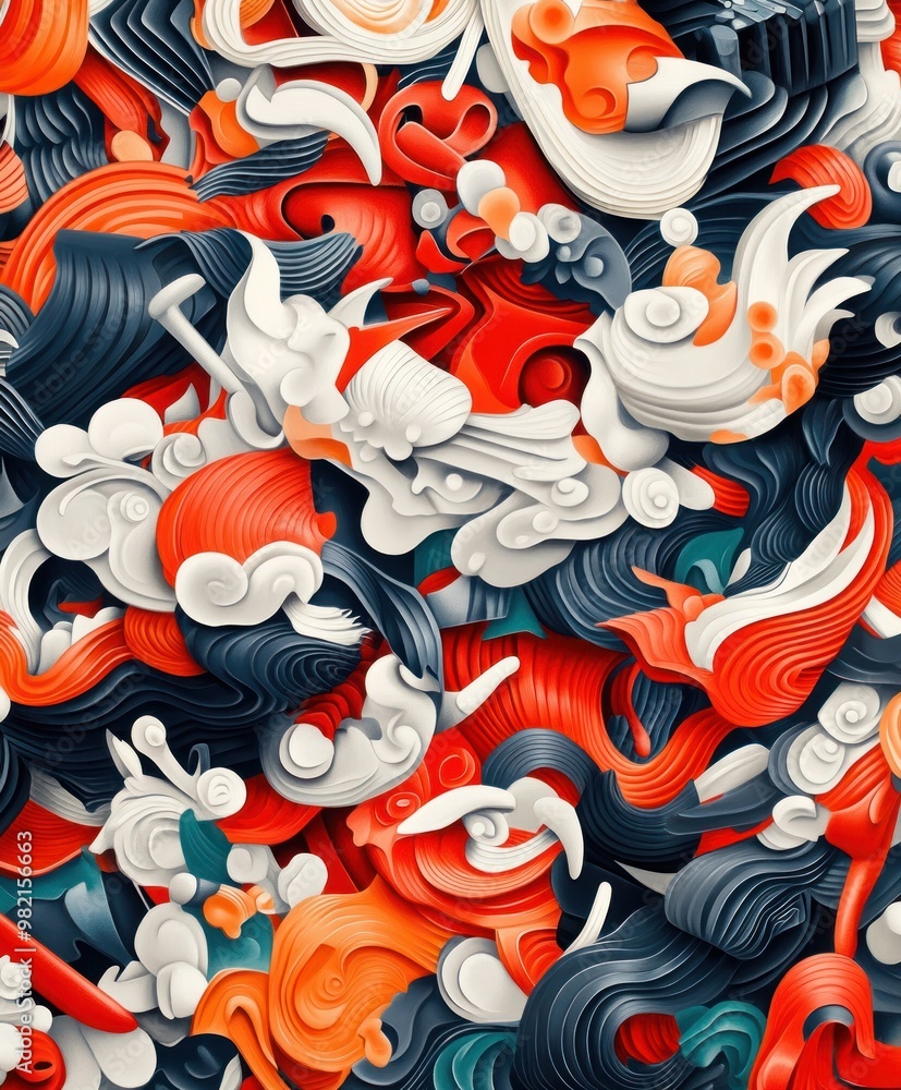 A vibrant abstract composition of swirling shapes in red, white, and blue tones. A vibrant abstract composition of swirling shapes in red, white, and blue tones.
