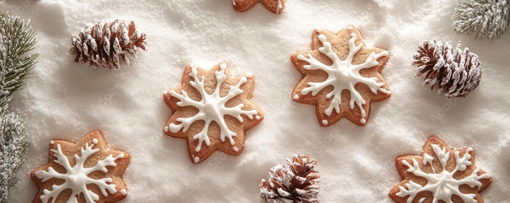 Beautifully decorated gingerbread cookies shaped like snowflakes, surrounded by pinecones, perfect for winter celebrations. Beautifully decorated gingerbread cookies shaped like snowflakes, surrounded by pinecones, perfect for winter celebrations.