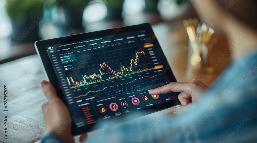 A woman is using a tablet to look at a stock market graph A woman is using a tablet to look at a stock market graph