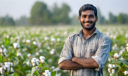 Happy famer showing stroing gesture using two hands at farmland by looking at camera photo