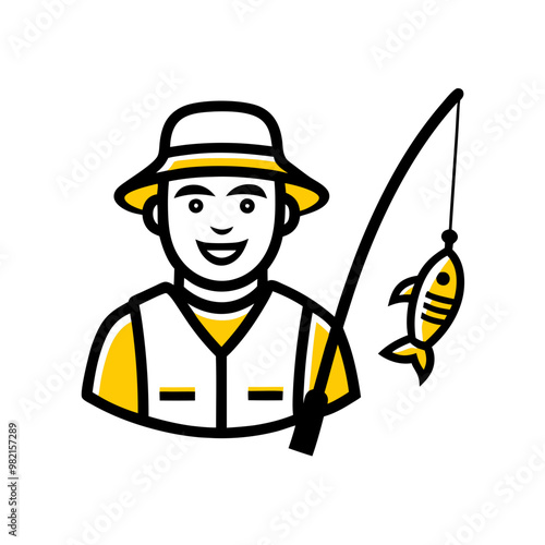 Happy Fisherman Holding a Caught Fish Illustration on White Background