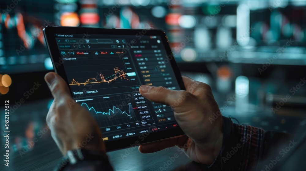 A person is holding a tablet with a stock market graph on it A person is holding a tablet with a stock market graph on it