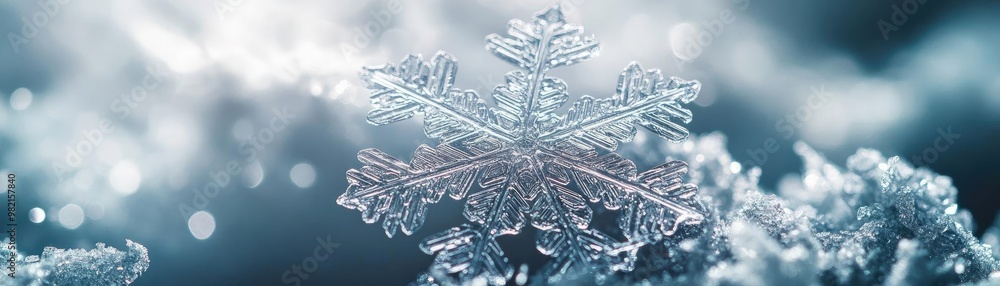 Close-up of a delicate snowflake resting on a bed of ice, showcasing intricate patterns and shimmering details. Close-up of a delicate snowflake resting on a bed of ice, showcasing intricate patterns and shimmering details.