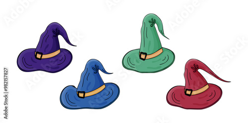 Wizard or witch hats with stylish Belt for magical character. Purple, blue, red, green colors. Vector illustration magic, Halloween, esotericism Theme.