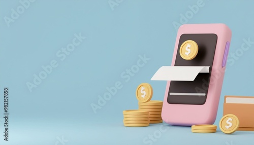 A modern smartphone displaying a payment interface, surrounded by coins and a card, symbolizing digital finance and transactions.
