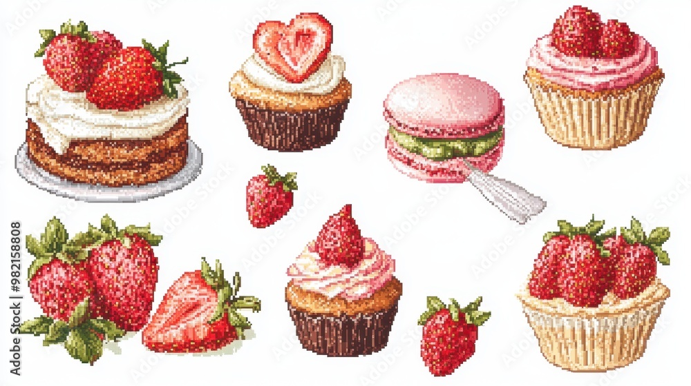 Vector illustration Cross stitch Sweet dessert set with strawberry cake,cupcake,macaroon,sweets pixel art set of icons,vintage, 8 bit, bakery menu,copy space. Vector illustration Cross stitch Sweet dessert set with strawberry cake,cupcake,macaroon,sweets pixel art set of icons,vintage, 8 bit, bakery menu,copy space.